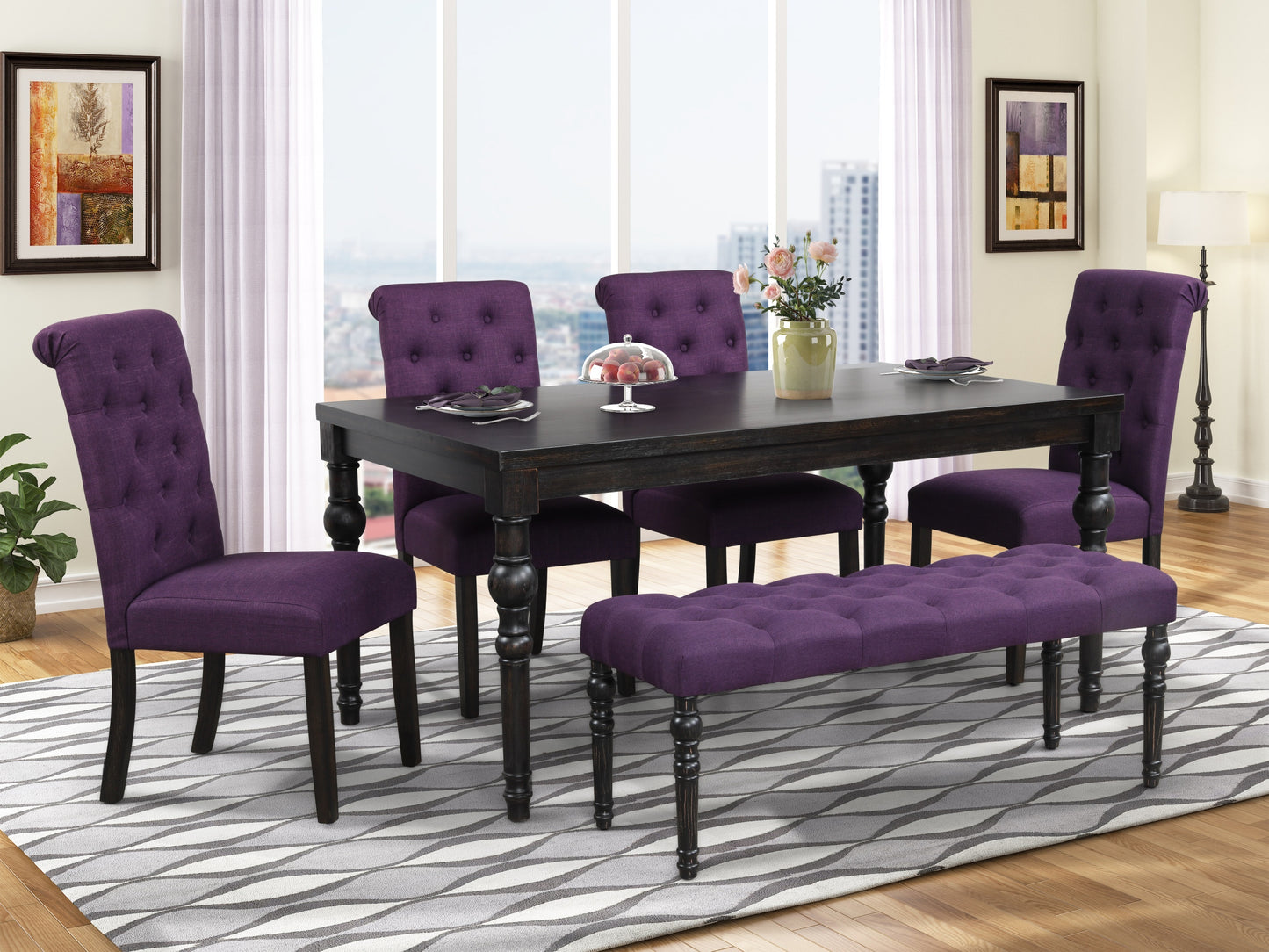 Modern Dining Set With Four Chairs And Bench Dark Wash