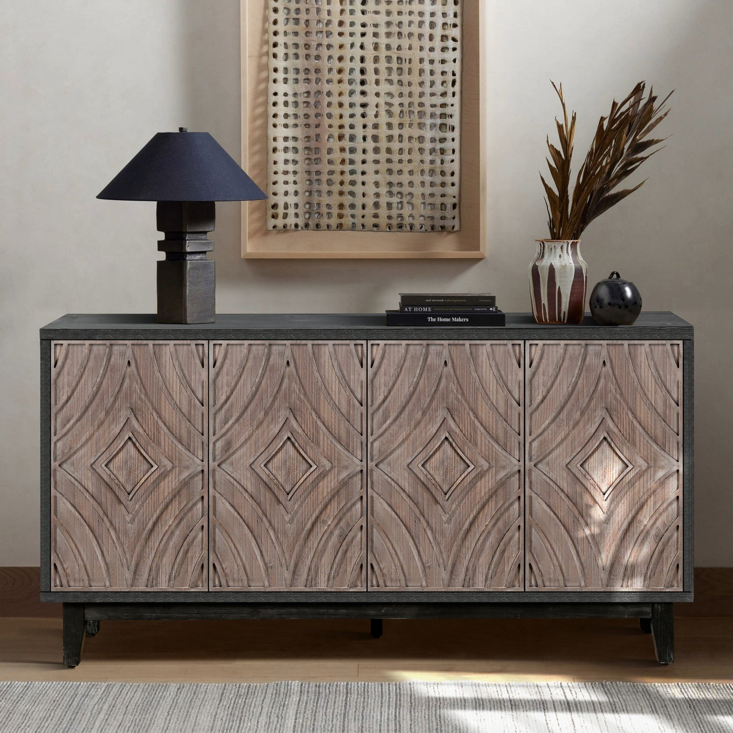 Mid Century Sideboard Buffet Cabinet with Solid Wood Legs 60" Kitchen Storage Cabinet Credenza with 4 Convex pattern diamond Doors and 2 Shelves Accent Console Table for Living Room  Entrance Hall etc