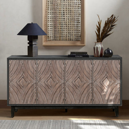 Mid Century Sideboard Buffet Cabinet with Solid Wood Legs 60" Kitchen Storage Cabinet Credenza with 4 Convex pattern diamond Doors and 2 Shelves Accent Console Table for Living Room  Entrance Hall etc
