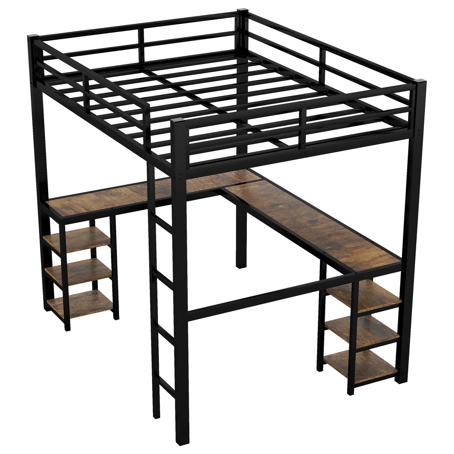 Stylish Full XL Metal Loft Bed with Integrated Desk and Storage Shelves, Ideal Space-Saving Solution for Bedrooms, Black Finish