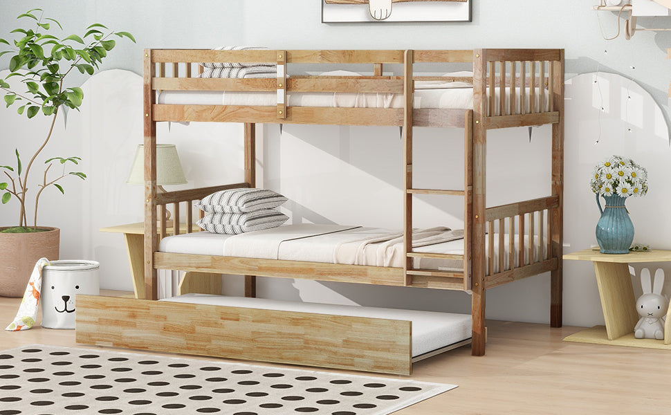 Convertible Twin Over Twin Bunk Bed with Trundle, Rubber Wood Design, Ladder & Safety Guardrails, Natural Finish