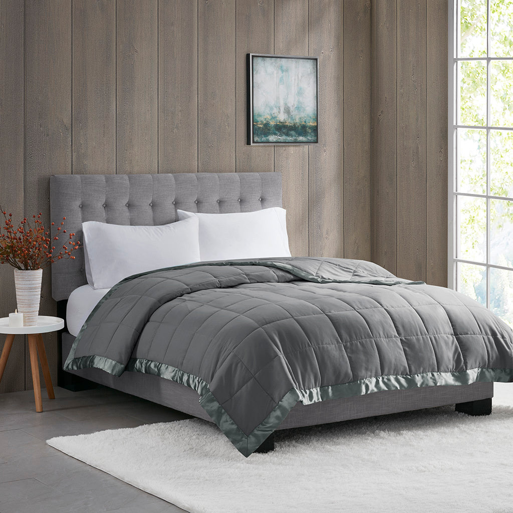 Lightweight Down Alternative Blanket with Satin Trim, Full/Queen 90x90, Quilted, Charcoal