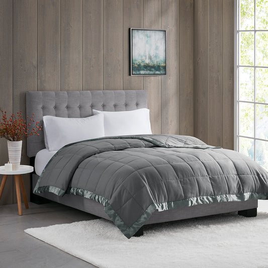Lightweight Down Alternative Blanket with Satin Trim, Full/Queen 90x90, Quilted, Charcoal