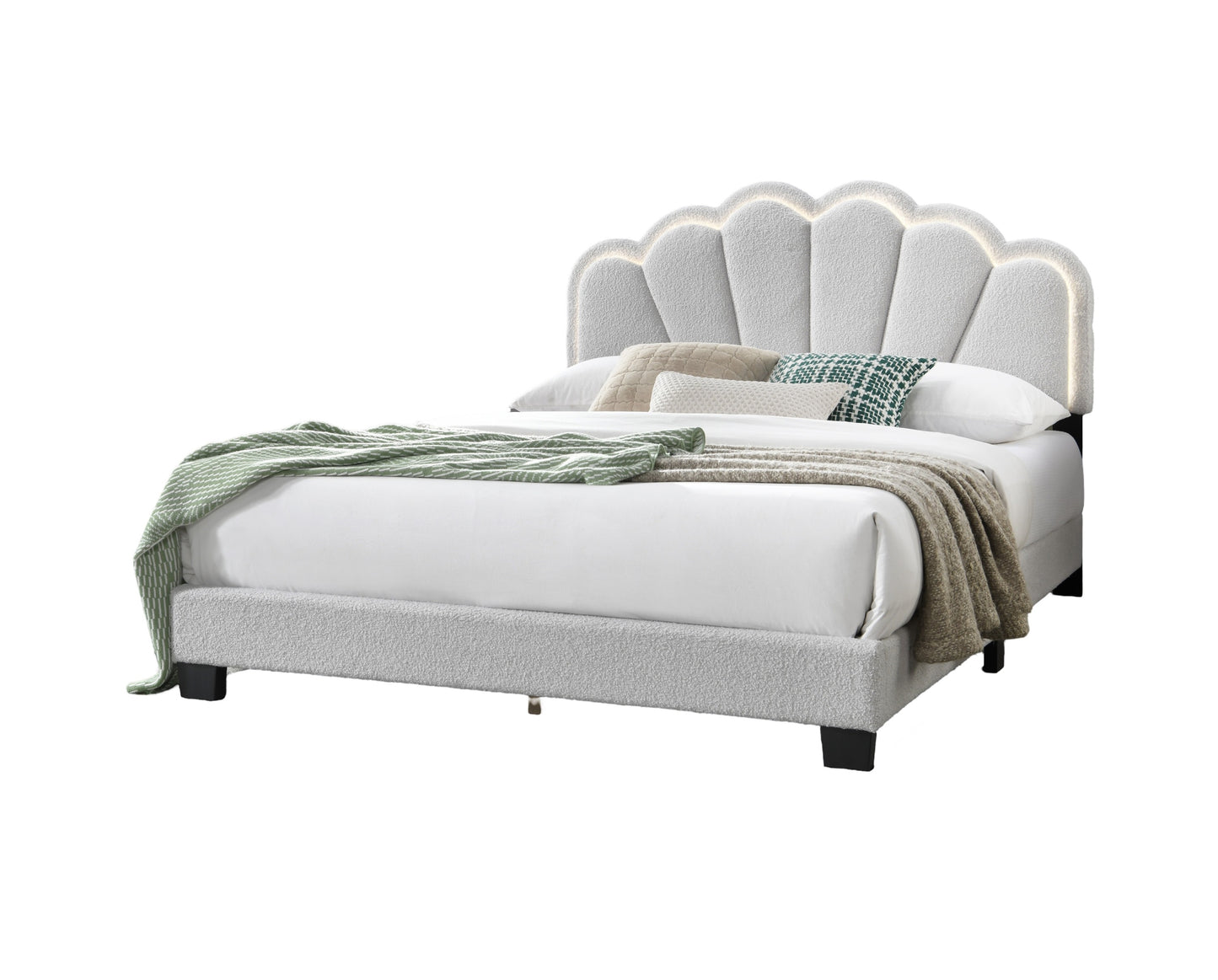 Elegant White Queen Size Platform Bed with Floral Headboard and LED Lighting
