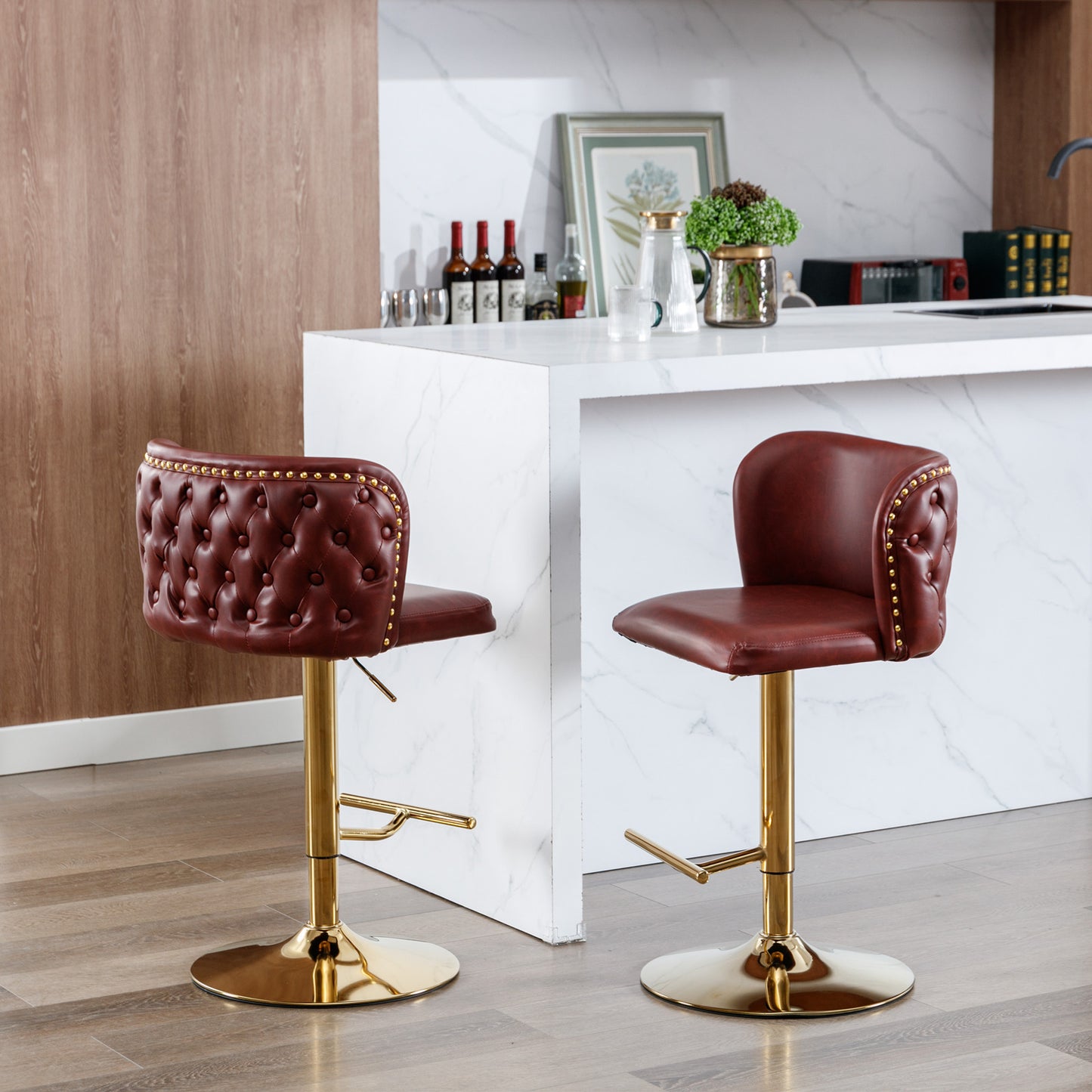 Swivel Barstools Adjustable PU Upholstered Wine Red 2 Pack