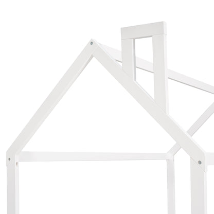 Twin Size Wooden House Bed Frame with Fence - Creative Sleep & Play Space for Kids, Teens, and Children - White Finish