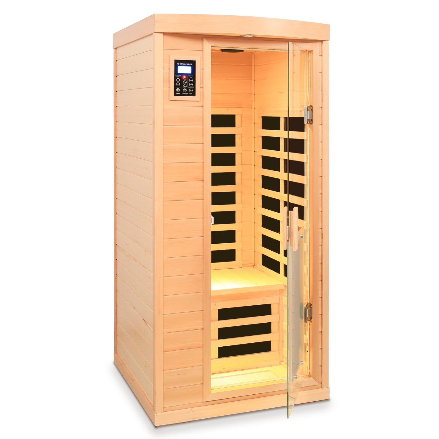1-Person Hemlock Far-Infrared Indoor Sauna with Front-Door Heating Panel, Low EMF, Bluetooth Natural