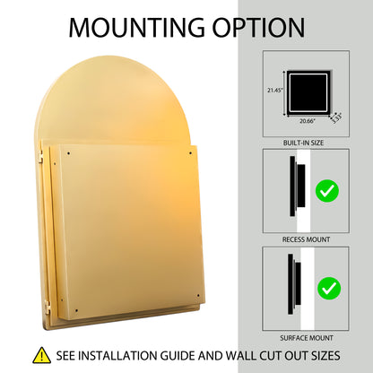 24x36 Inch Arched Recessed Medicine Cabinet, Metal Framed Bathroom Wall Cabinet with Mirror and Adjustable Shelves, Wall Mirror with Storage for Bathroom, Matte Gold