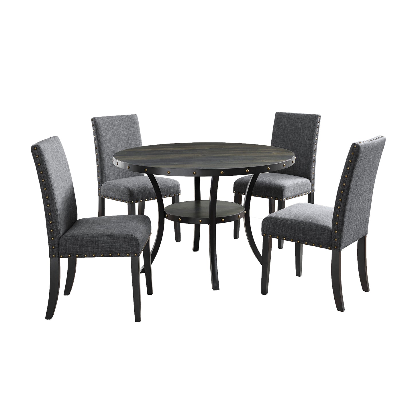 Round 48 Inch Wood Dining Set Four Nailhead Chairs Gray