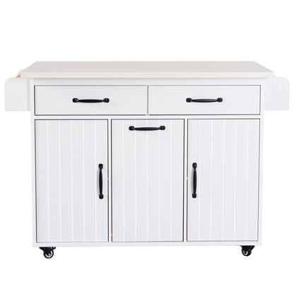 Rolling White Kitchen Island with Drop Leaf and Tilt-out Trash Can Storage, Spice Rack & Towel Rack