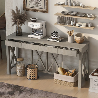 60-Inch Acacia Veneer Console Table with 4 Drawers, Farmhouse X-Leg Entryway Open Bottom Storage Grey