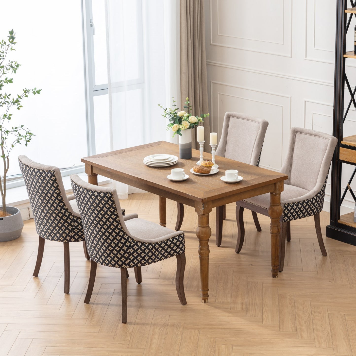 A&A Furniture, Ultra Side Dining Chair, Thickened fabric chairs with neutrally toned solid wood legs, Bronze nail head, Set of 2, Beige and Patterned,SW2207BG