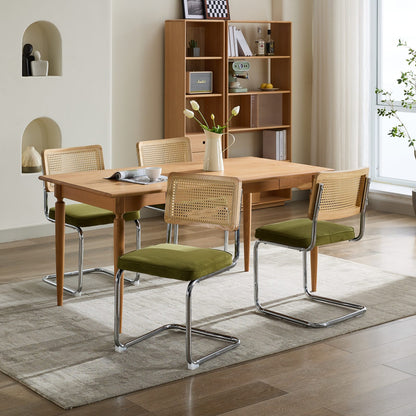 Set of 2 Velvet Dining Chairs with Rattan Back and Cantilever Chrome Base, Mid-Century Style, Olive Green