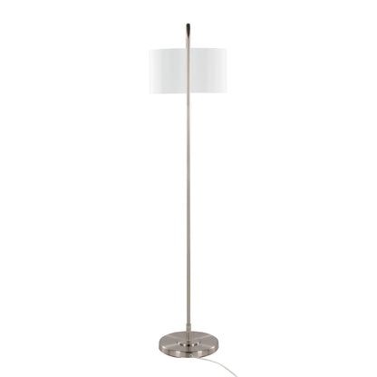 63-Inch Contemporary Metal Floor Lamp with Linen Shade Arc Neck, Foot Switch, Living Room, Brushed Nickel