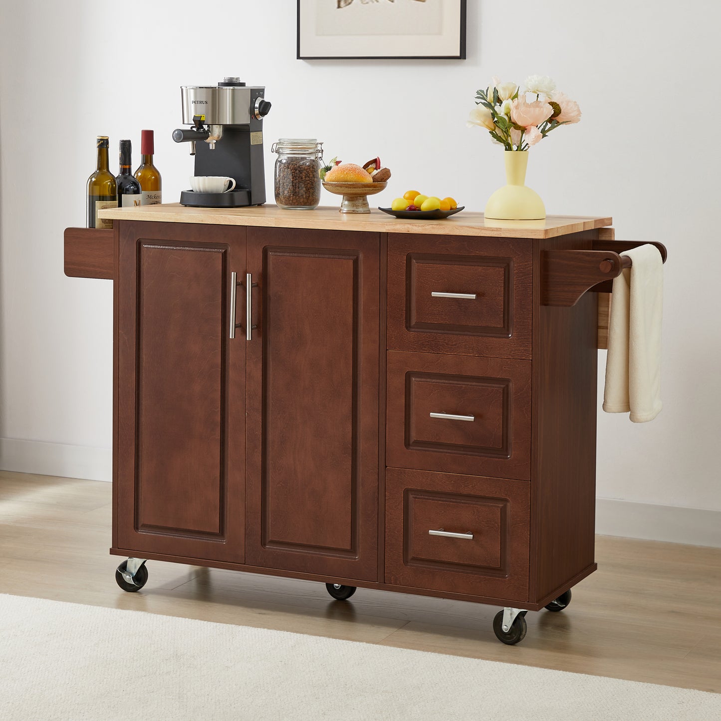 Rolling Kitchen Island Cart with Drop Leaf Tabletop and Storage, Retro Brown Barn Door Design on Wheels