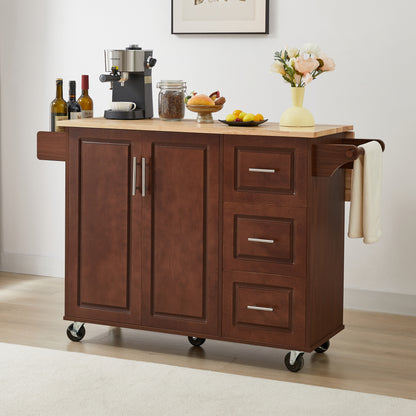 Rolling Kitchen Island Cart with Drop Leaf Tabletop and Storage, Retro Brown Barn Door Design on Wheels