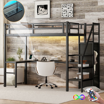 Twin XL Metal Loft Bed with L-shaped Desk, USB Charging Station, Wardrobe, and LED Lights - Stylish Space-Saving Solution for Teens and Adults in Black