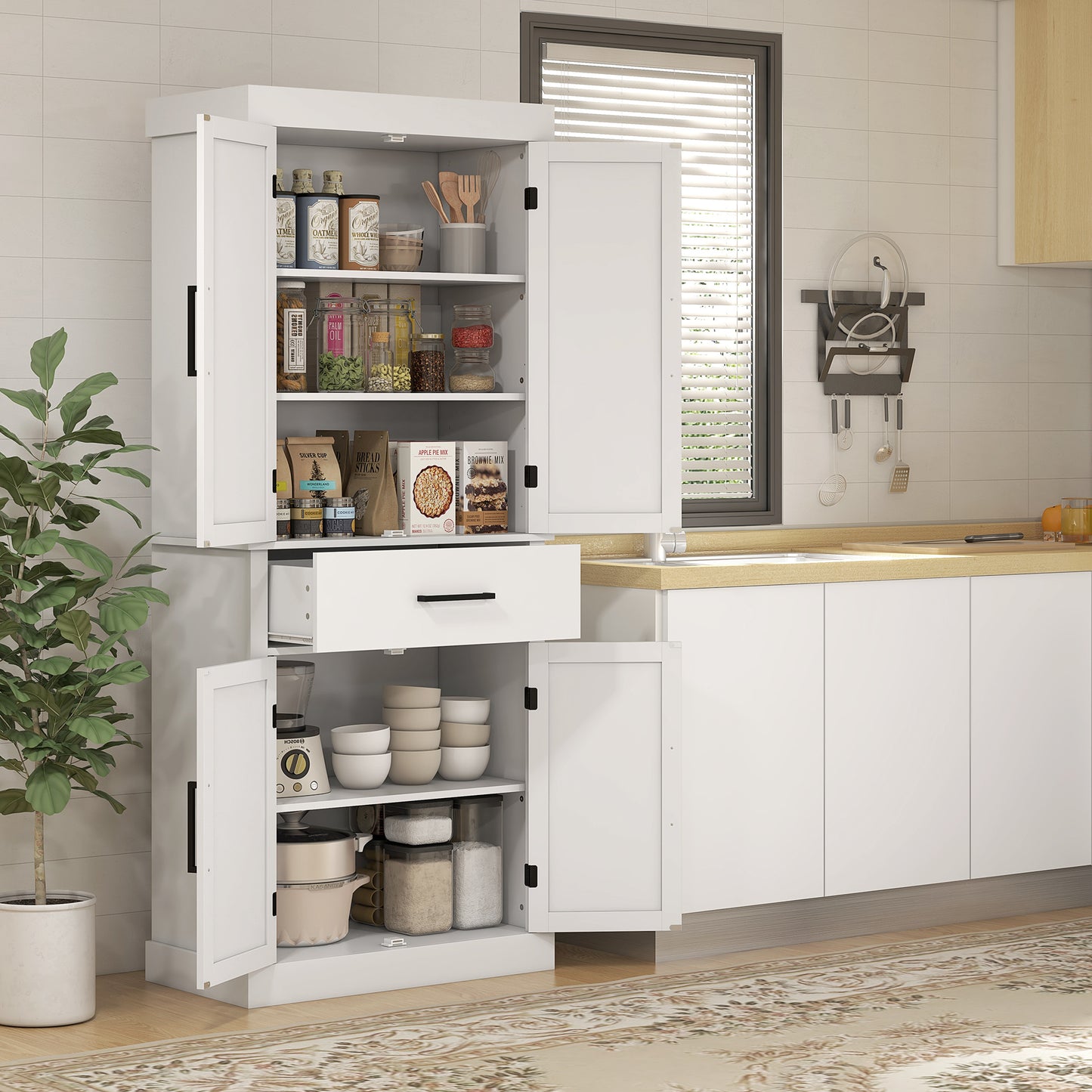 Elegant White Farmhouse Kitchen Pantry Cabinet with Adjustable Shelves and Barn Doors
