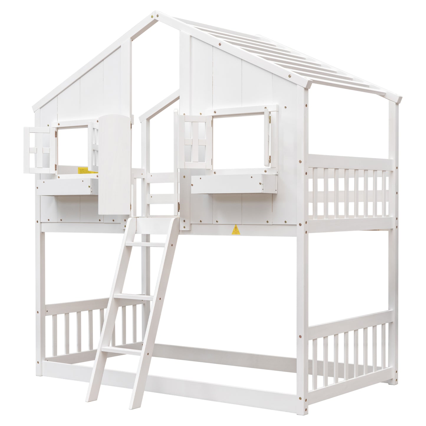 Charming Twin Over Twin House Bunk Bed with Roof and Window Features, Safety Guardrails and Ladder, White