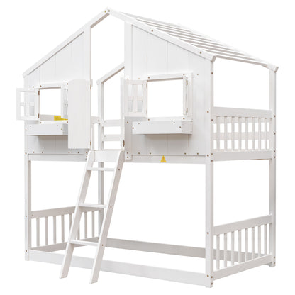 Charming Twin Over Twin House Bunk Bed with Roof and Window Features, Safety Guardrails and Ladder, White