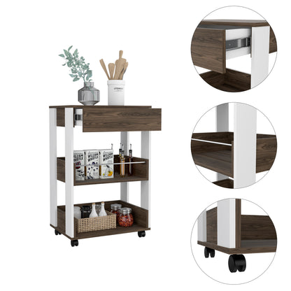 White and Dark Walnut Kitchen Cart on Wheels with Drawer