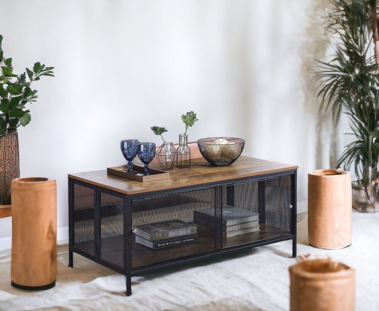 41-Inch Wide Coffee Table with Wood Top, Metal Frame, Foldable, Sliding Storage Antique Oak & Black Finish