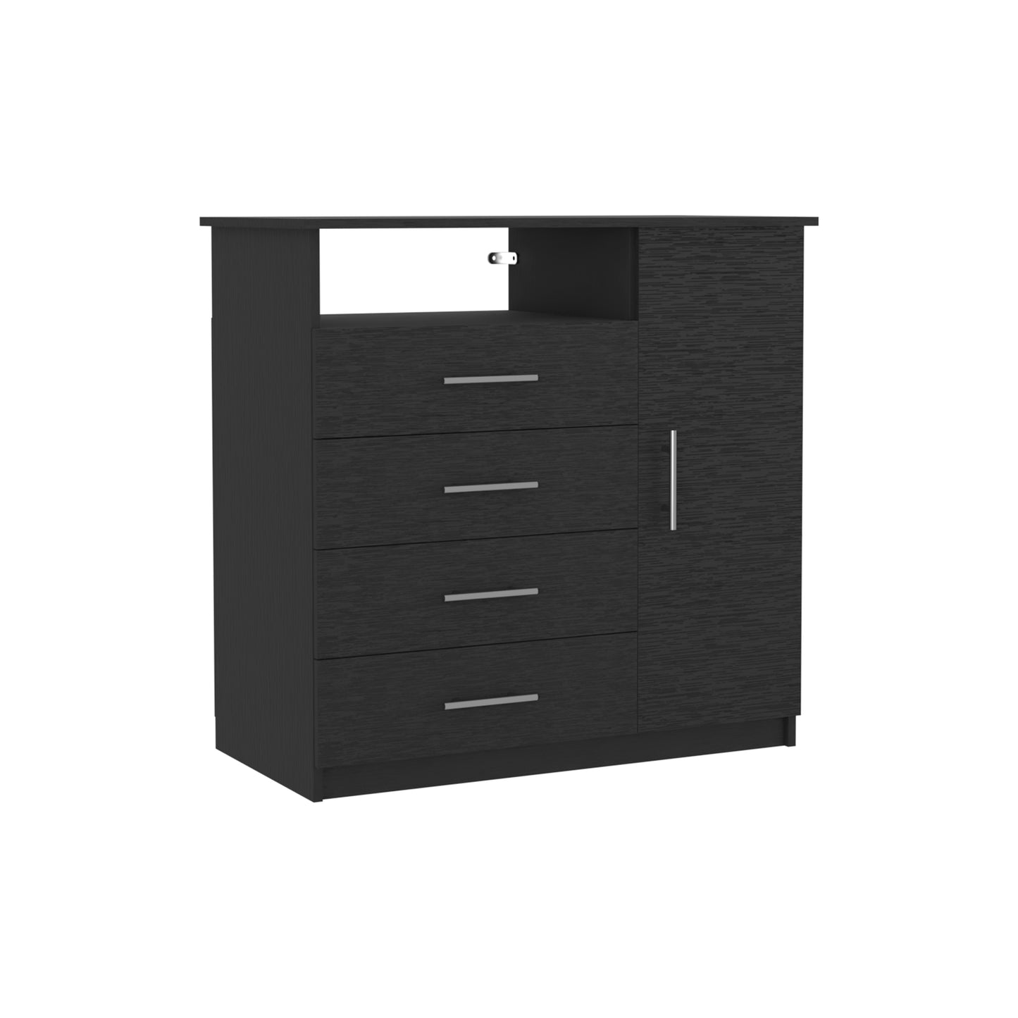 Peru Modern Black 4 Drawer Dresser with Cabinet and Open Shelf