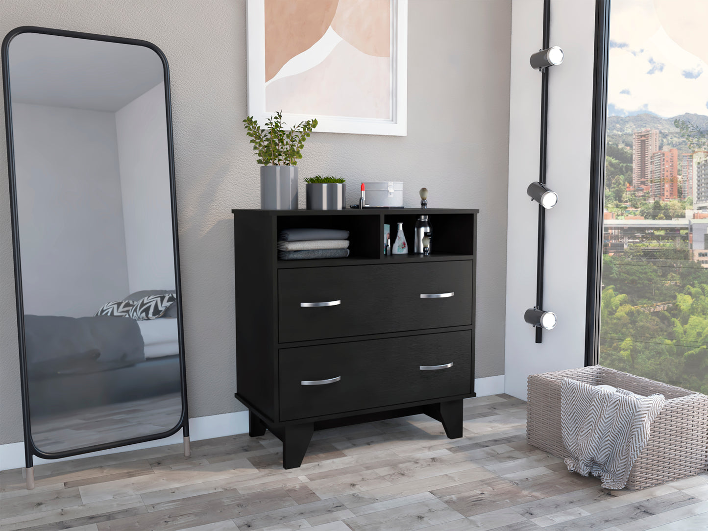 Portanova Modern Black Dresser with Two Drawers and Open Shelves