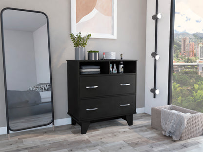 Portanova Modern Black Dresser with Two Drawers and Open Shelves