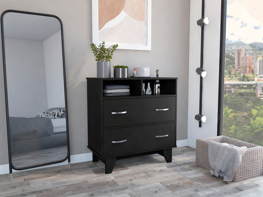 Portanova Modern Black Dresser with Two Drawers and Open Shelves