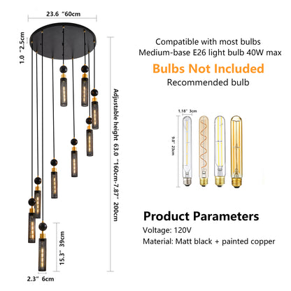 9-Light Pendant, Mesh Cylinder Shades, Adjustable Ceiling Light for Living Room or Dining - Black-Gold