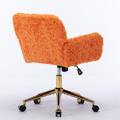 Orange Upholstered Home Office Chair with Golden Base - Adjustable Swivel Vanity Chair Featuring Artificial Rabbit Hair and Reclining Chassis