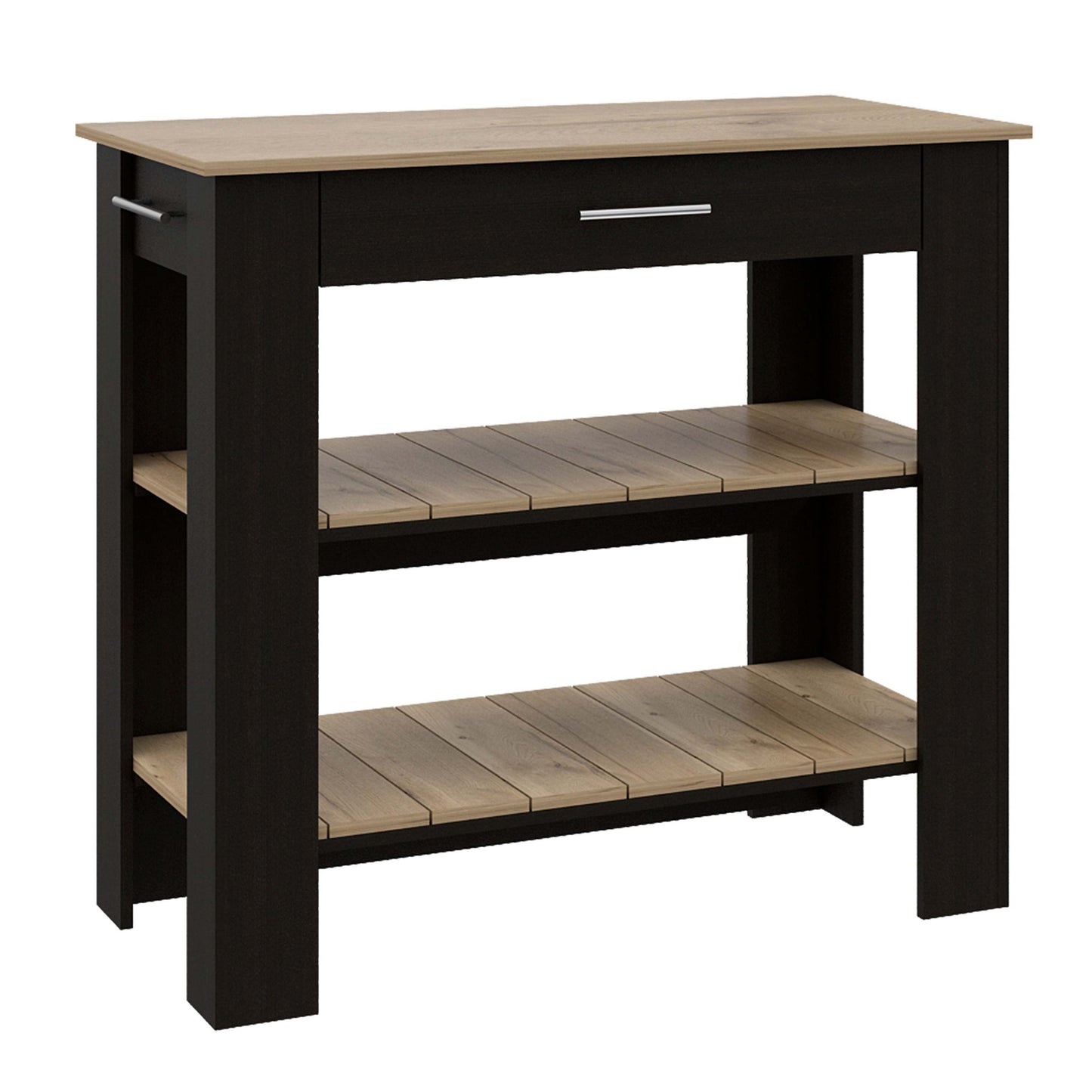 Multifunctional Kitchen Island with Storage Shelves and Drawer - 37" H, Black/Light Oak