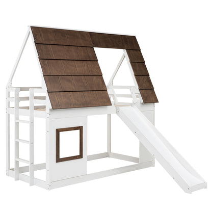 Wooden Twin House Bunk Bed with Roof, Ladder, and Slide in White and Brown