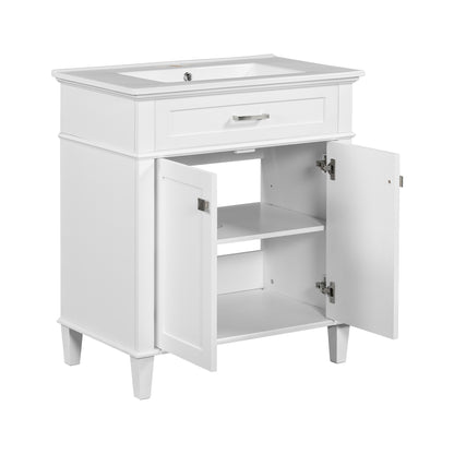 Stylish 30-Inch Bathroom Vanity with Elegant Ceramic Sink, Soft Close Doors, and Adjustable Storage Shelves