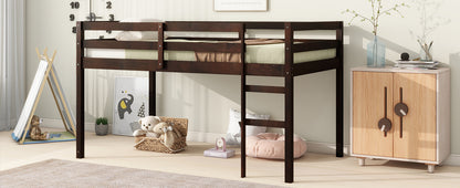 Espresso Rubber Wood Twin Loft Bed with Ladder and Enhanced Support Slats
