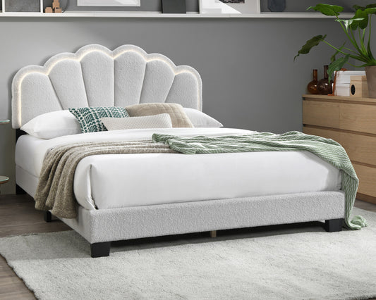 Elegant White Queen Size Platform Bed with Floral Headboard and LED Lighting