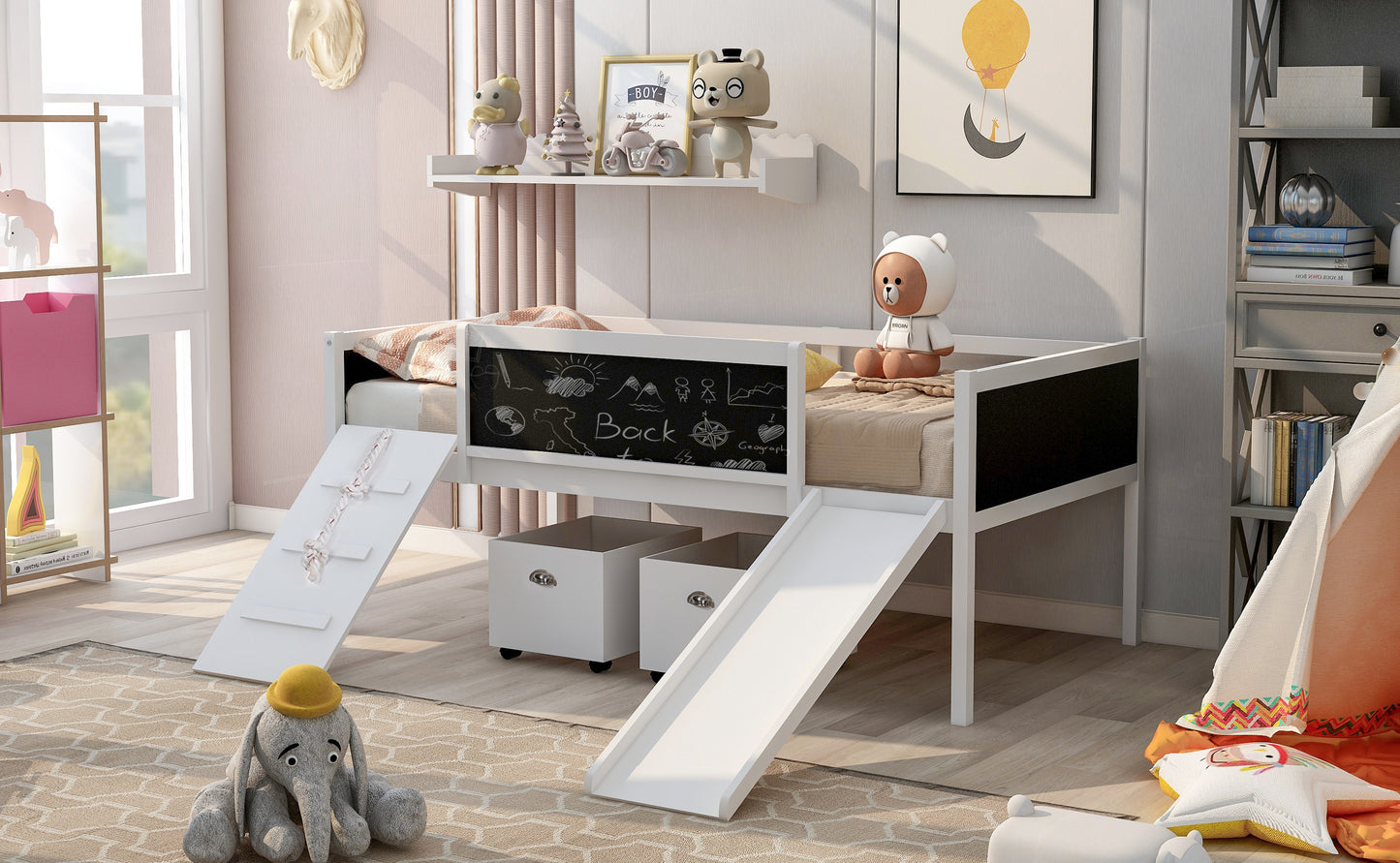 Creative Twin Loft Bed with Climbing Frame and Chalkboard - White