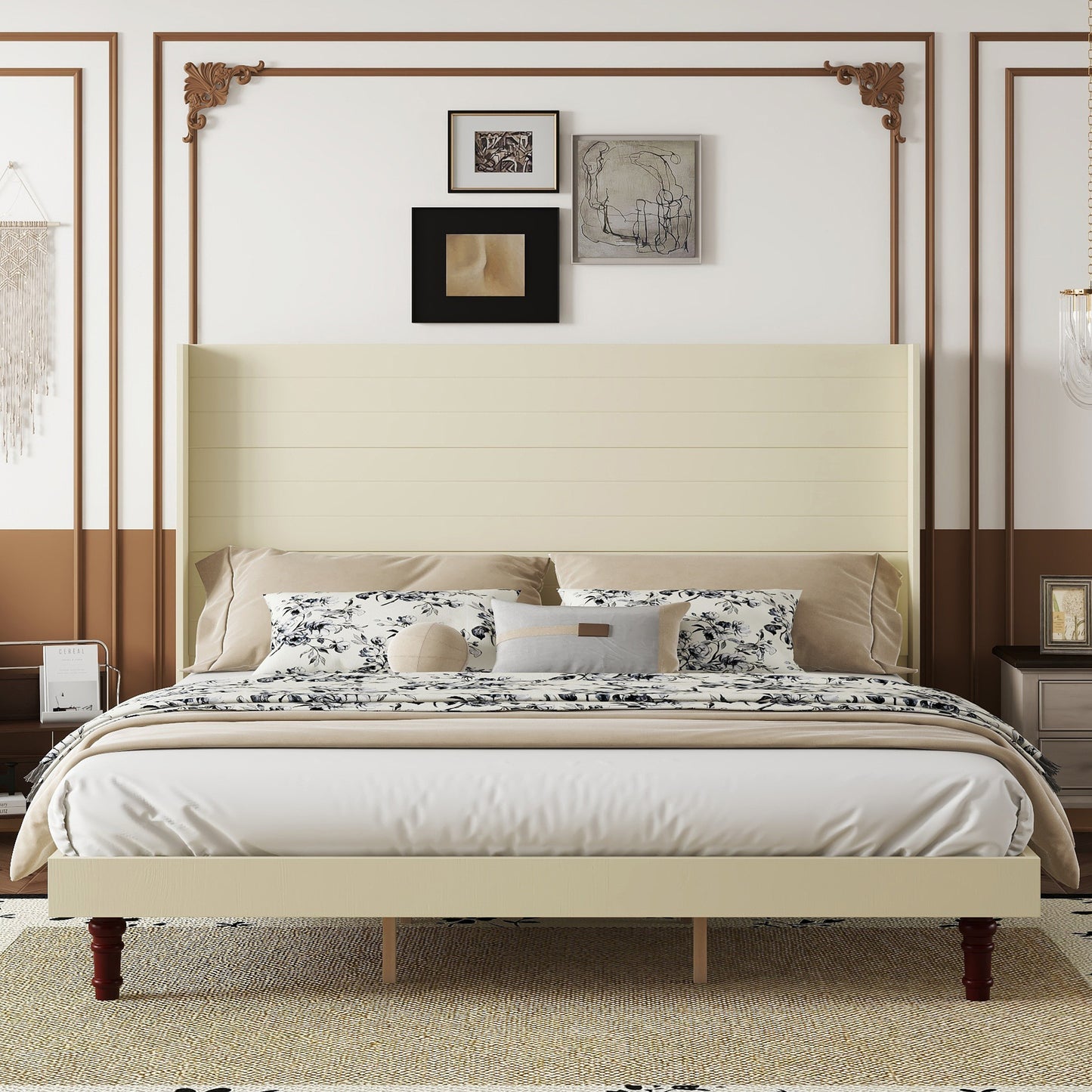 King Size Bed with 54-Inch High Headboard, MDF Frame, No Box Spring Needed, Reading Back Support Beige