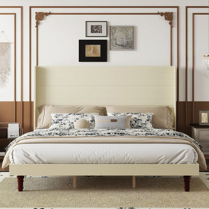 King Size Bed with 54-Inch High Headboard, MDF Frame, No Box Spring Needed, Reading Back Support Beige