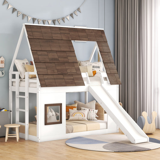 Wooden Twin House Bunk Bed with Roof, Ladder, and Slide in White and Brown