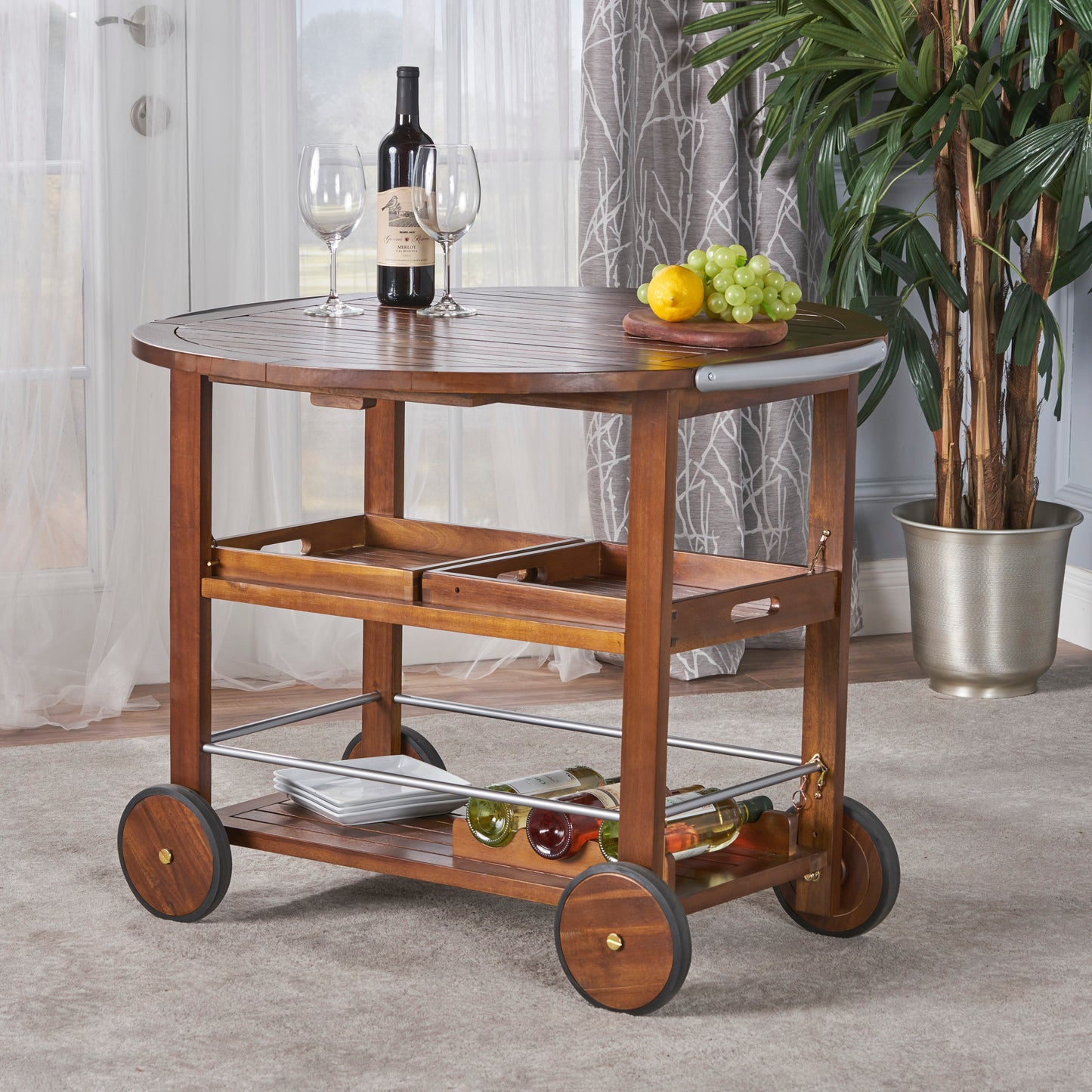 Tillary Drop Leaf Outdoor Bar Cart With Wine Rack Oak Finish
