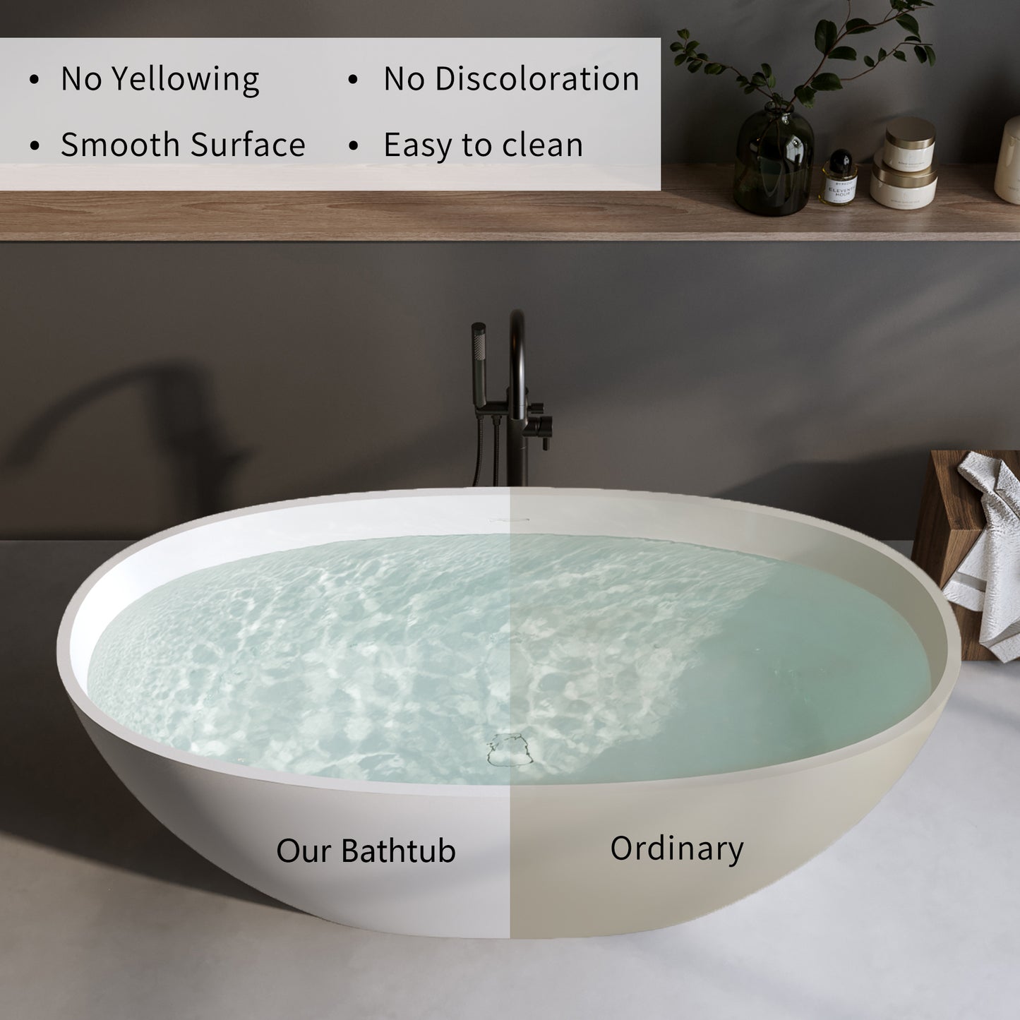 59'' Oval Matte White Solid Surface Freestanding Soaking Tub with Center Drain and Pop-up Drain System