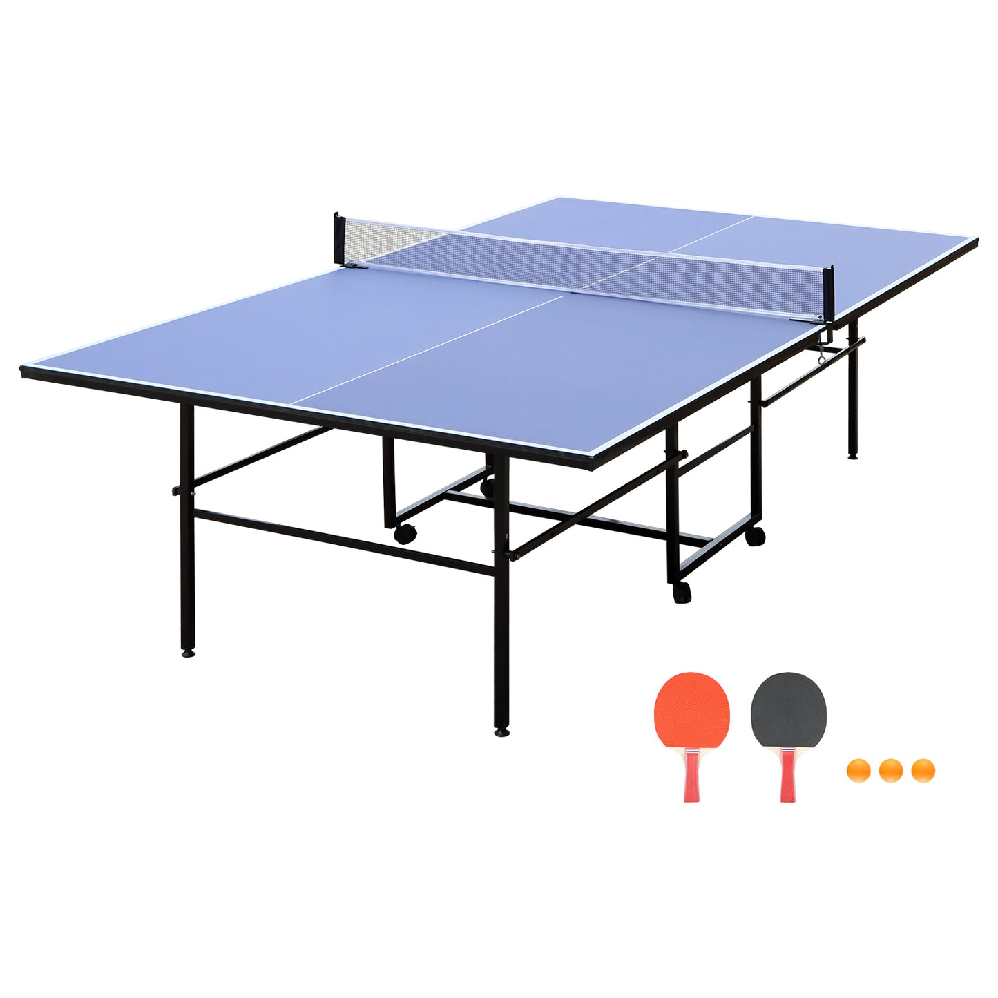 9ft Foldable Indoor Table Tennis Table with Net, 2 Paddles & 3 Balls, 12mm MDF, Quick Assembly Blue