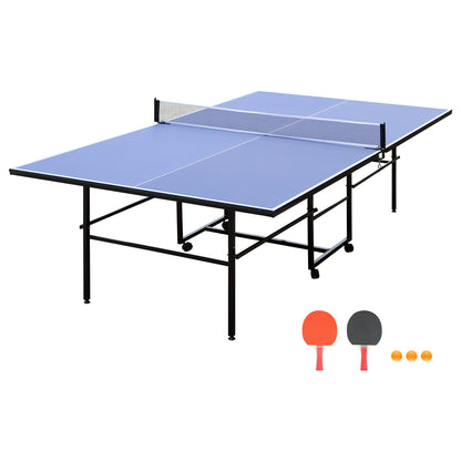 9ft Foldable Indoor Table Tennis Table with Net, 2 Paddles & 3 Balls, 12mm MDF, Quick Assembly Blue