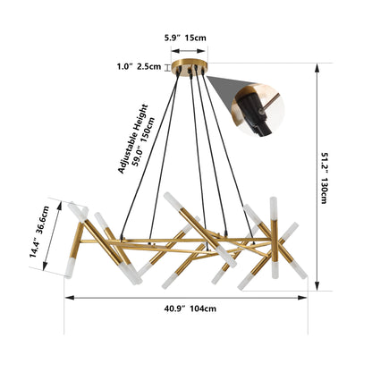 Branch-Design Pendant Chandelier with Frosted Tubes, Adjustable Height Dining/Living, Hard-Wired, Gold