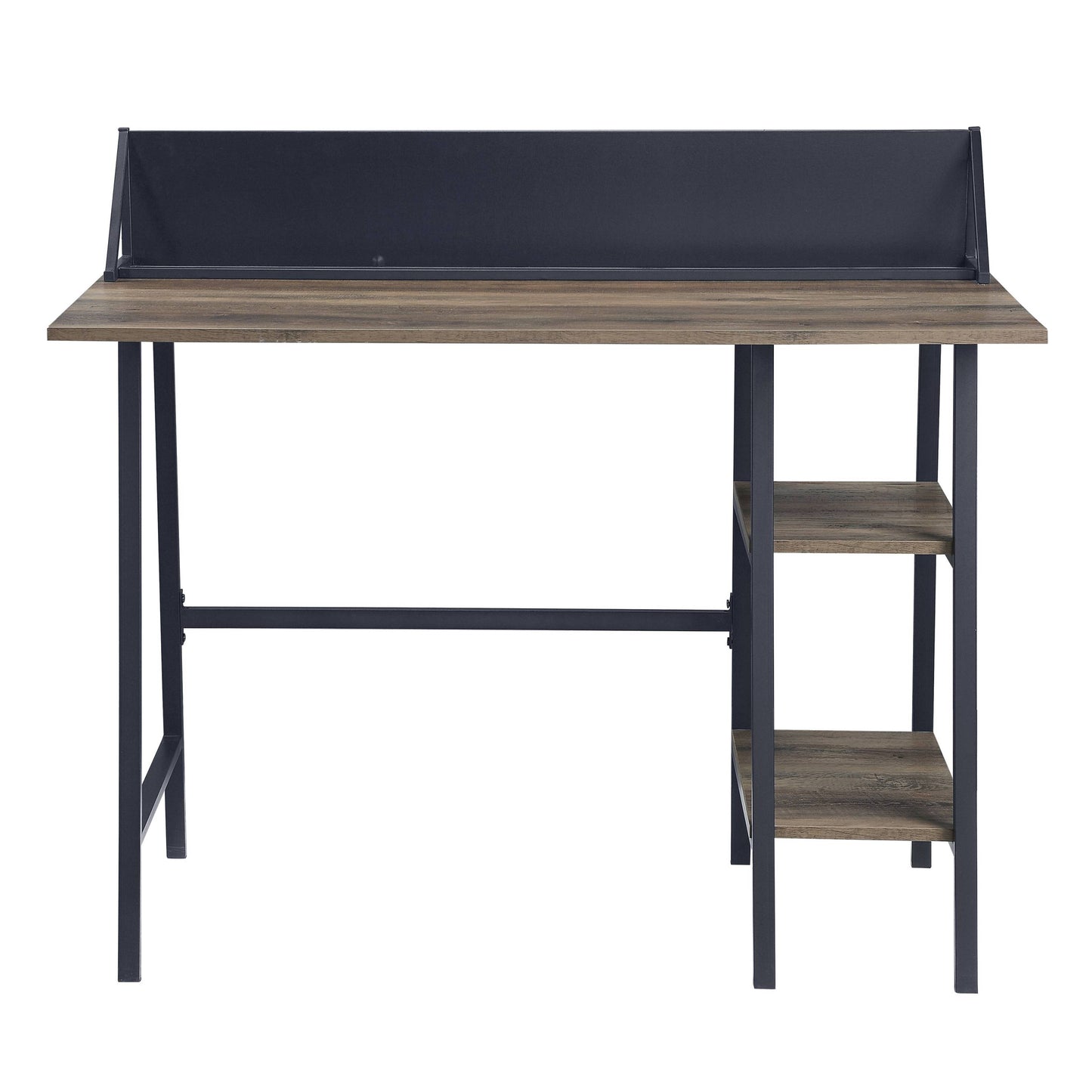 Modern Rustic Oak Writing Desk with Black Metal Legs and Storage Shelves