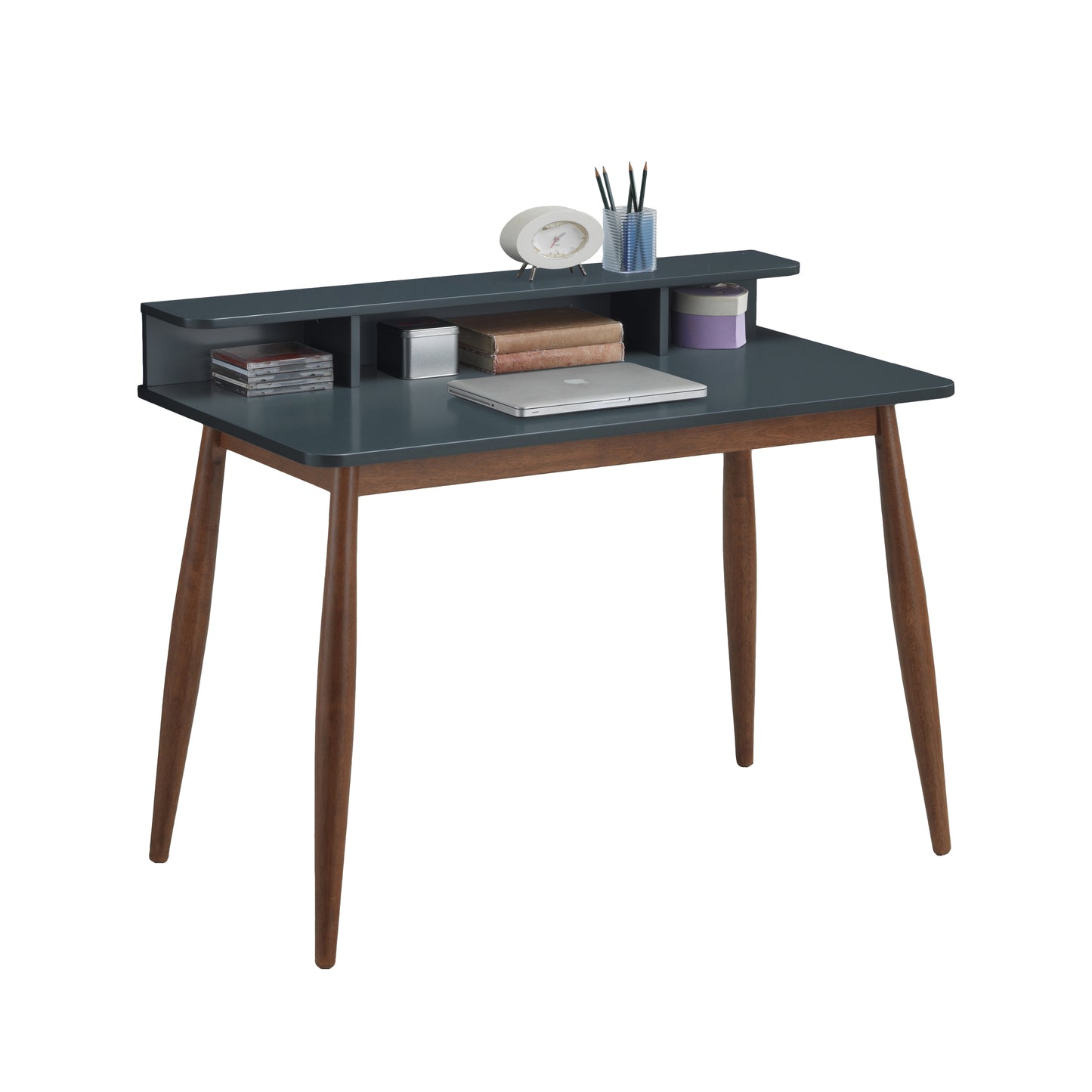 Grey and Brown Mid-Century Modern Rubber Wood Writing Desk with Hutch