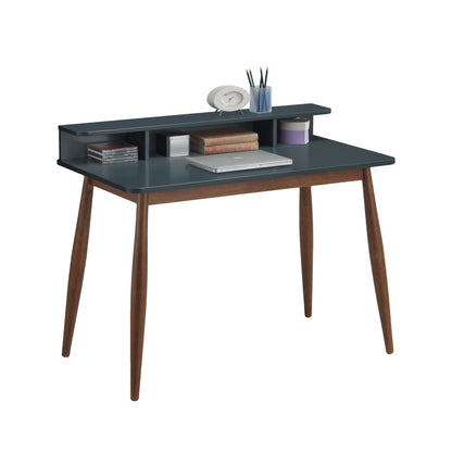 Grey and Brown Mid-Century Modern Rubber Wood Writing Desk with Hutch