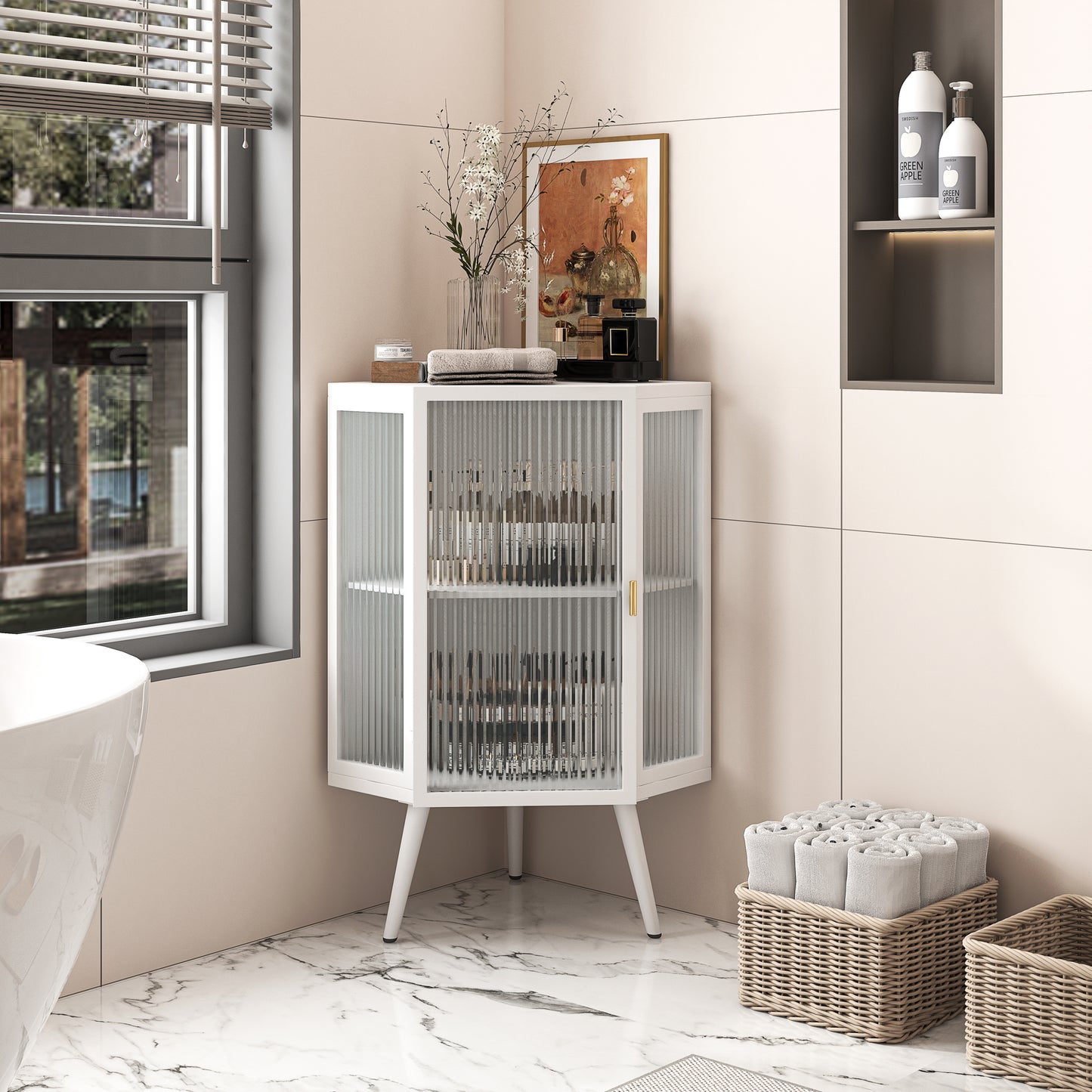 22.25" Modern White Corner Cabinet with Tempered Glass Door and Dual Storage Shelves for Home Use